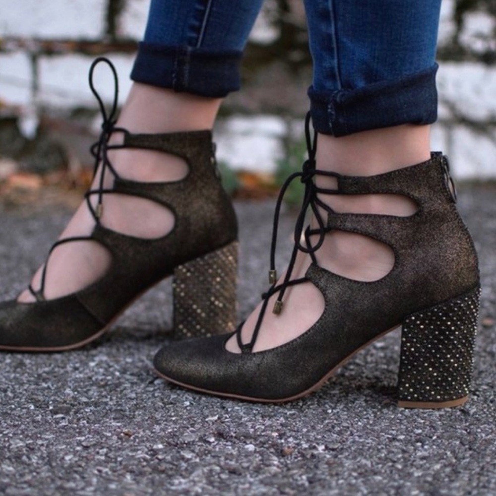 new Latigo Kamila Metallic bronze black Studded Lace Up Heels